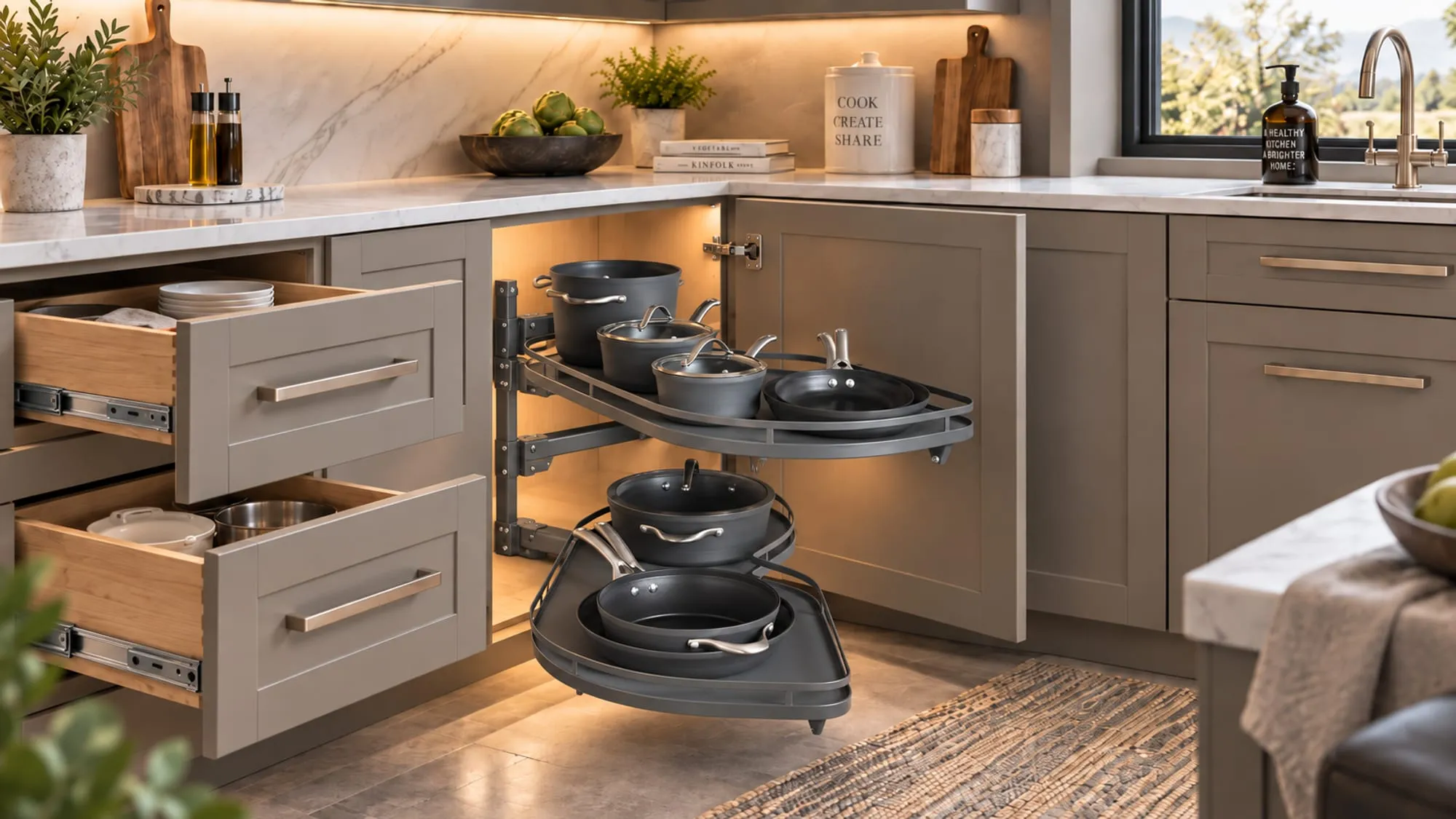Gabinete esquinero de cocina con organizador extraíble de MAG cargado de calderos y sartenes